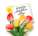 Fototapeta Na ścianę - Bouquet of red and yellow tulips with a note inside and inscription Happy Mother's Day. Greeting card to Mothers Day. Vector realistic tulip flowers. Not trace.