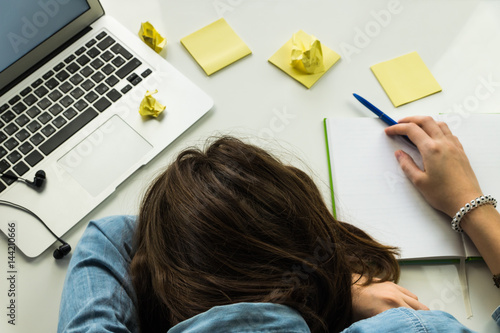 Tired Person Sleeping At Home Office Desk Head Of Female Human