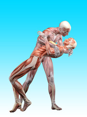 muscle male anatomy and muscle female anatomy in love and kissing 3d illustration