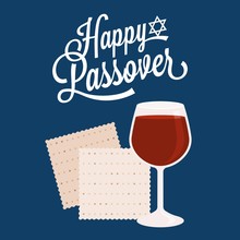 Happy Passover With Star Of David, Wine And Matzah Crackers, Flat Design