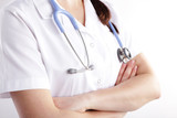 Fototapeta  - Kobieta lekarz na biały tle ze stetoskopem 