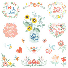 Mother's Day Collection With Typographic Design Elements. Flowers, Branches, Wreaths, Floral Heart, Butterflies, Bee, Bird And Mason Jar With Bouquet. Vector Illustration.