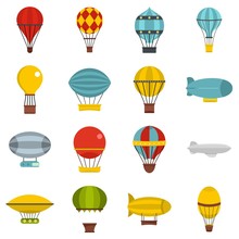 Retro Balloons Aircraft Icons Set In Flat Style