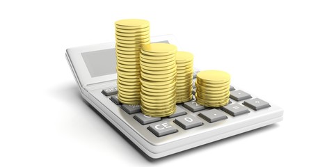 Coins on calculator on white background. 3d illustration