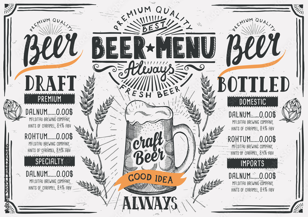 Beer menu restaurant, drink template. - obrazy, fototapety, plakaty 