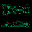 Formula car, linear light silhouette of a racing car isolated on black background. Top view and side view. Vector illustration.