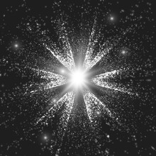 Abstract Vector Grayscale Space Background. Explosion Of Glowing Particles. Christmas Star. Futuristic Technology Style. Elegant Monochrome Background For Business Presentations Or Gift Cards.EPS10