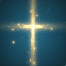 Shining Cross On Blue Background With Backlight And Glowing Yellow Particles. Abstract Vector Religious Background. Glowing Saint Cross. Spiritual Shining Background. EPS 10