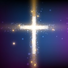 Shining Cross On Colorful Background With Backlight And Glowing Particles. Abstract Vector Religious Background. Glowing Saint Cross. Spiritual Shining Background. EPS 10