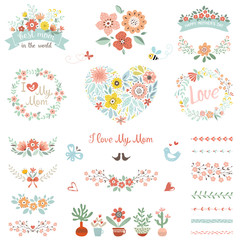 Wall Mural - Mother's Day set with typographic design elements. Flowers, branches, wreaths, floral heart, butterflies, bee, bird, brushes, cactuses, plant pots and vases. Vector illustration.