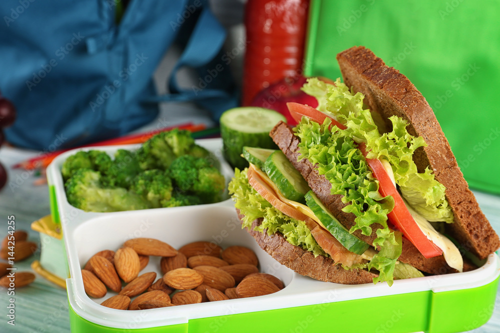 Meal for schoolchild in lunch box, closeup
