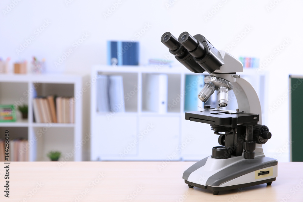 Microscope on table in chemistry class