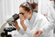 © Africa Studio - Beautiful school girl looking through microscope in chemistry class
