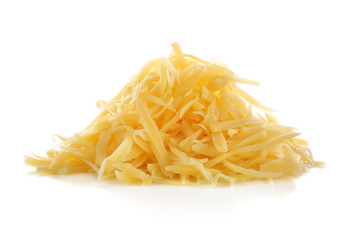 Wall Mural - Pile of grated cheese on white background