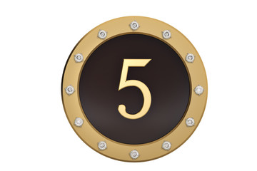 Golden and diamond framed with number 5 on white background.3D illustration.