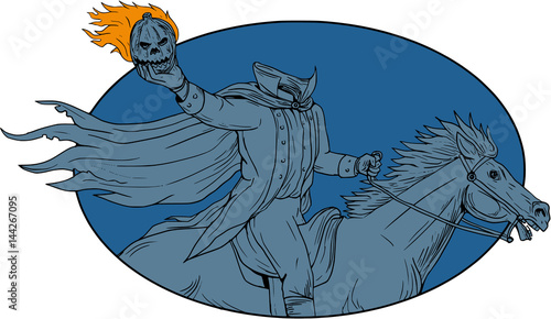 Fotografía Headless Horseman Pumpkin Head Horse Oval Drawing