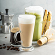 Espresso, regular coffee and matcha latte