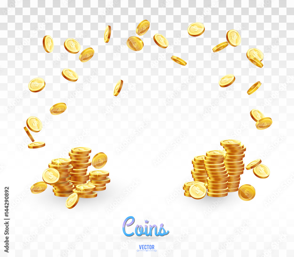 Realistic Gold coins falling down. Isolated on transparent background ...