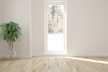 White empty room with winter landscape in window. Scandinavian interior design. 3D illustration