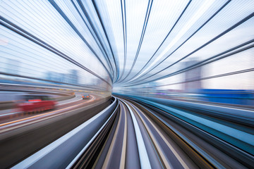 Poster - rail track and cityscape of tokyo from speed train