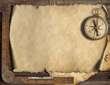 Old Blank Map Background With Compass. Adventure And Travel Concept. 3d Illustration.