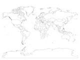 Fototapeta Mapy - World map with country borders, thin black outline on white background. Simple high detail line vector wireframe.