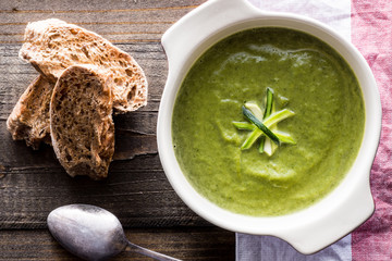 Spinach and Zucchini Cream Soup in a Bowl. Homemade Spinach Pottage Puree.