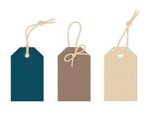 a set of vector carton tags with various linen string tying. color label cards tied with knots and b