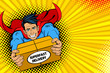 Pop art superhero. Young handsome happy man in a superhero costume flies holding big box with super fast delivery text. Vector illustration in retro pop art comic style. Delivery poster template.