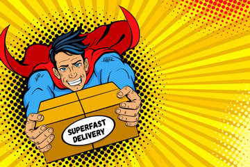 Pop art superhero. Young handsome happy man in a superhero costume flies holding big box with super fast delivery text. Vector illustration in retro pop art comic style. Delivery poster template.