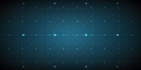 Vector infinite space background. Matrix of glowing stars with illusion of depth and perspective. Geometric backdrop with point array as lattice nodes. Abstract futuristic universe on dark background.