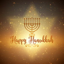 Vector Hanukkah Background With Menorah And David Star. Shining Stars And Sun On The Back. Happy Hanukkah Background. Elegant Greeting Card.