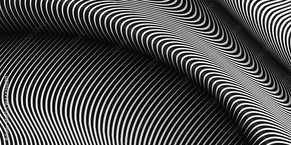 Vector warped lines background. Flexible stripes twisted as silk forming volumetric folds. Monochrome variable width stripes with shadows and highlights. Modern abstract creative backdrop. - obrazy, fototapety, plakaty 
