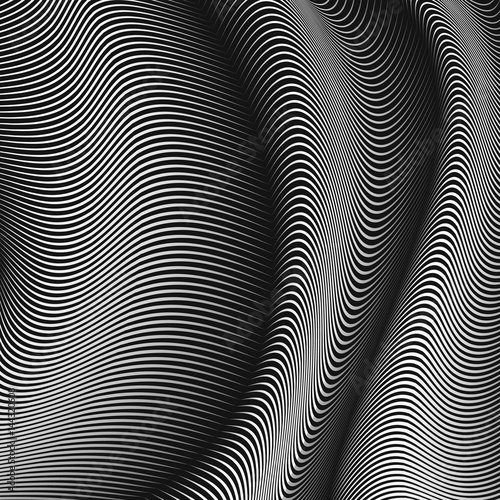 Zdjęcie XXL Wektor wypaczony linie tła. Elastyczne paski skręcone jako jedwabne fałdy tworzące wolumetryczne fałdy. Monochromatyczne paski o zmiennej szerokości z cieniami i pasemkami. Nowoczesne abstrakcyjne kreatywne tło.