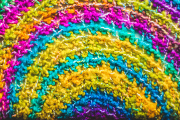  Colorful knitted background. Closeup of crochet blanket
