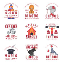 Set Of Circus Emblems, Labels, Badges And Logos On White Background.
