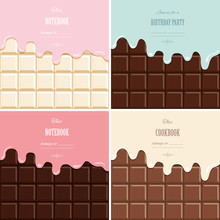 Cream Melted On Chocolate Bar Background Set. Cute Design With Sample Text.