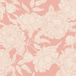 Vector pastel seamless pattern of paeony flowers on a pink background. Blooming peony with an open and a closed bud, leaves and twigs. Graphic illustration for wallpaper or textile