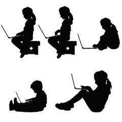 Wall Mural - child silhouette sitting with laptop illustration