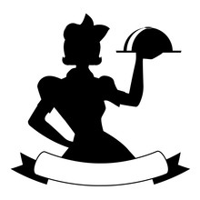 Silhouette Of Waitress Style 50's, Carrying A Tray With Food. Blank Bottom Banner To Place Text. Good For Logo