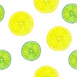 Summer background. Lemon and lime slices seamless pattern. Watercolor hand drawn green and yellow seamless texture with tropical natural organic citrus slices isolated on white background
