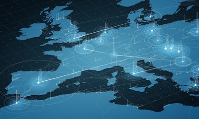 Europe blue map big data visualization. Futuristic map infographic. Information aesthetics. Visual data complexity. Complex europe data graphic visualization. Abstract data on map graph.