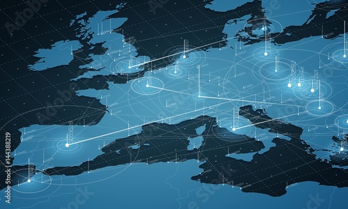 Fototapeta na szkło Wizualizacja dużych danych w niebieskiej mapie Europy. Infografika futurystyczna mapa. Estetyka informacji. Złożoność danych wizualnych. Skomplikowana wizualizacja danych europejskich. Streszczenie danych na wykresie mapy.