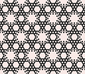 Vector geometric seamless pattern, black & white abstract background with different sized hexagons.  Perforated hexagonal structure. Monochrome texture, repeat tiles. Design for prints, decor, cloth 