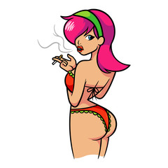 Cartoon Woman Smoking in Bikini Vector Illustration