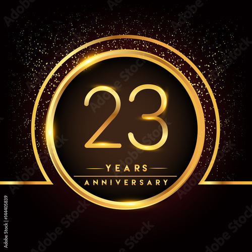 Twenty Three Years Birthday Celebration Logotype 23rd Anniversary Logo With Confetti And Golden Ring Isolated On Black Background Vector Design For Greeting Card And Invitation Card Buy This Stock Vector And