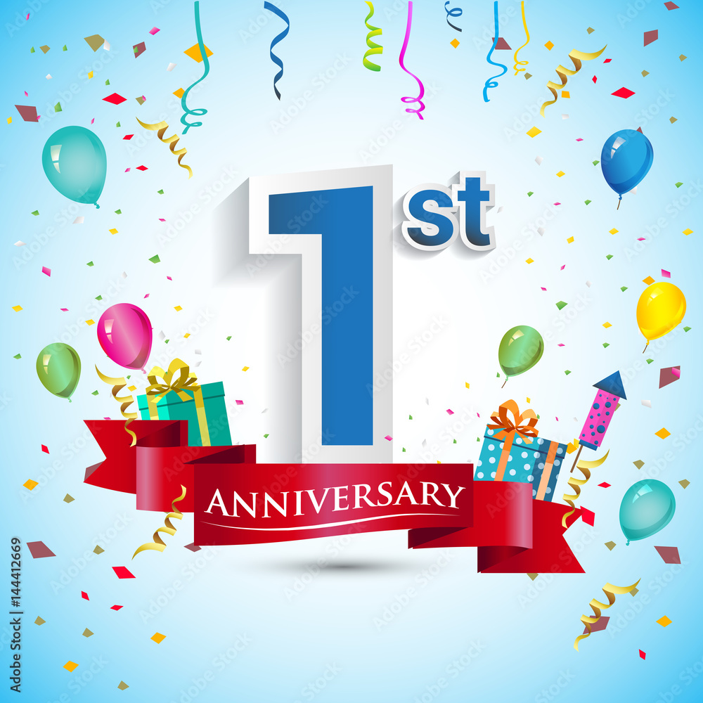 1st Years Anniversary Celebration Design, with gift box and balloons, Red  ribbon, Colorful Vector template elements for your one birthday celebrating  party. Stock Vector | Adobe Stock, image size:1000x1000