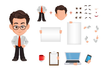 Wall Mural - Business man cartoon character creation set, constructor. Cute young businessman in office clothes. Vector illustration