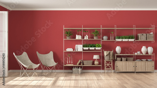 Eco White And Red Interior Design With Wooden Bookshelf Diy
