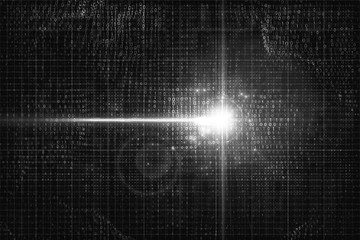 Electronic signal in the cyber world. Birth of artificial intelligence. Shining beam on circuit grayscale background with binary numbers. Innovation idea creation. Impulse in cyber neural network node